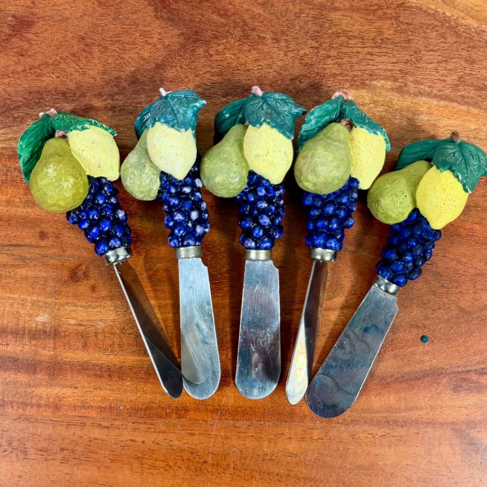Vintage Fruit Handle Cheese Spreaders Set of 5 Grapes Lemon Pear Stainless Steel
